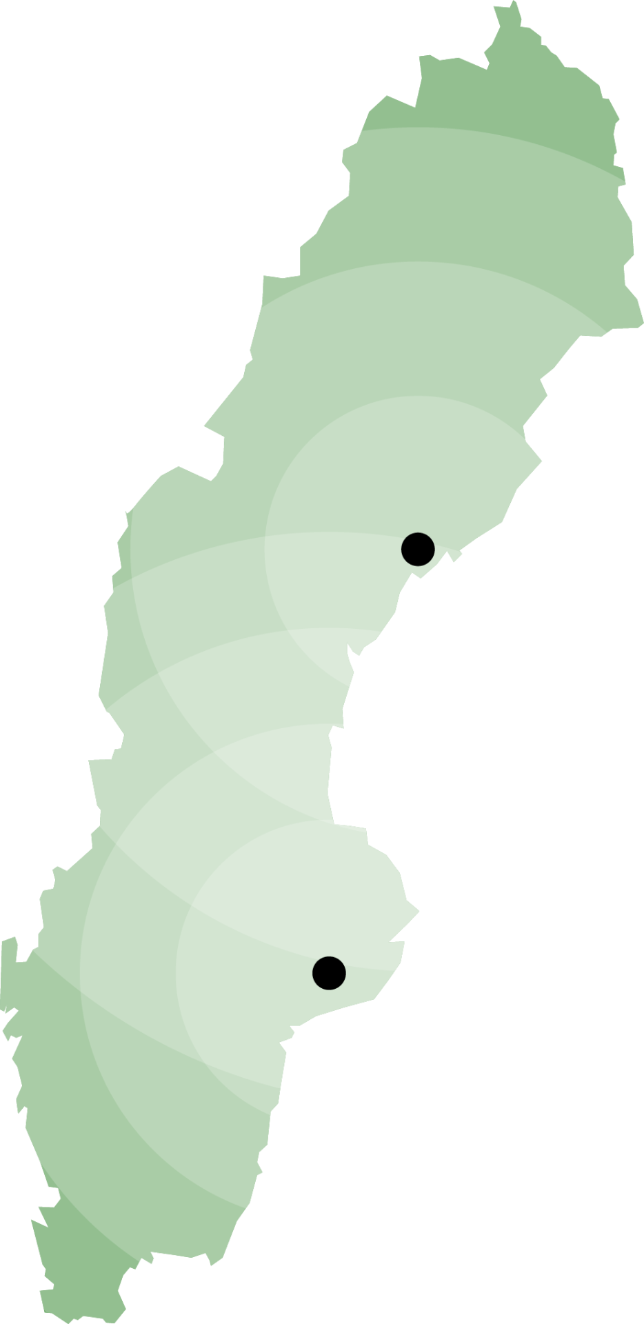 Karta över Sverige med Kinabs kontor markerade i Örnsköldsvik och Stockholmsområdet